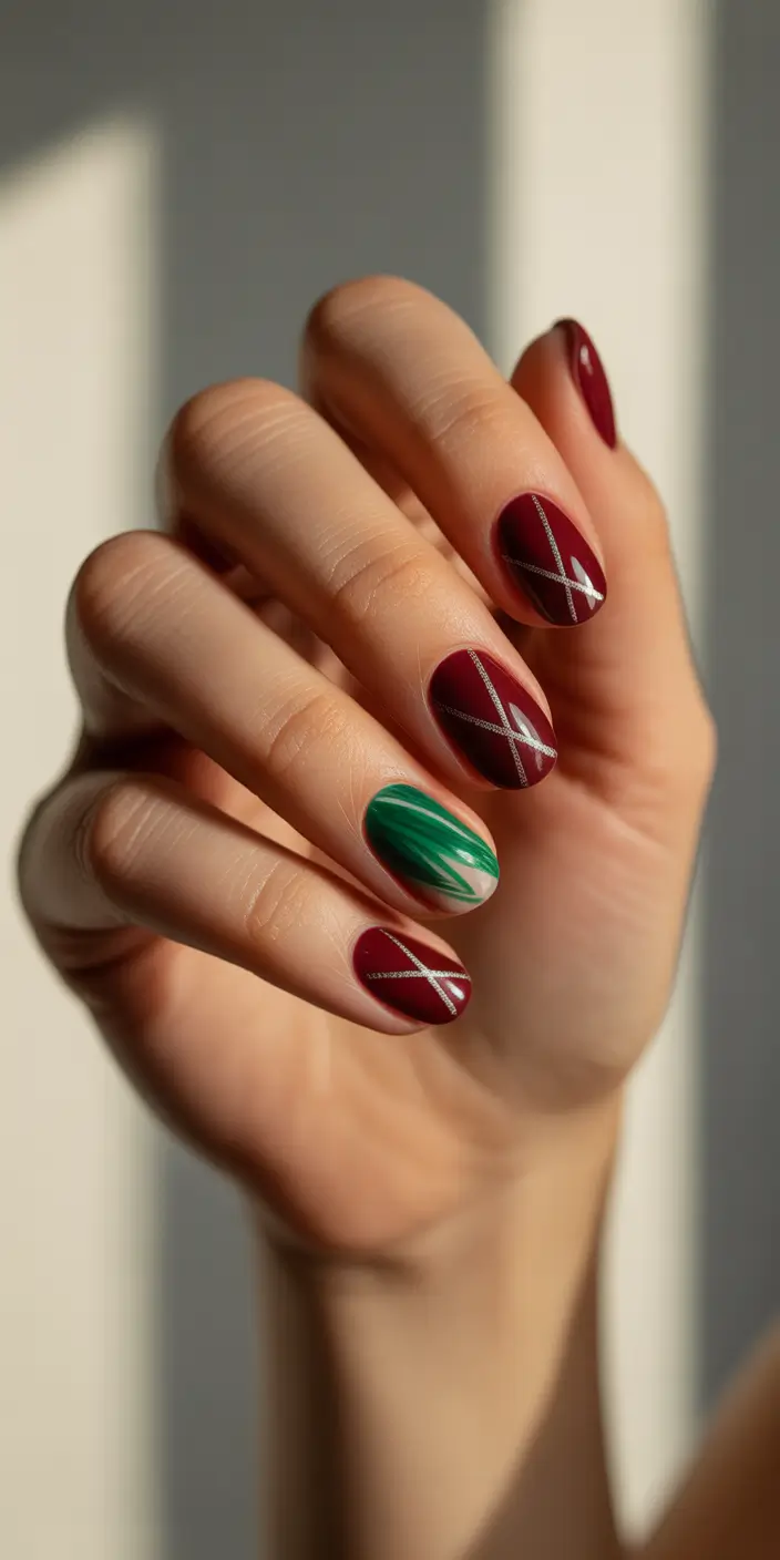 christmas nail art ideas 2025 wine red and evergreen fusion