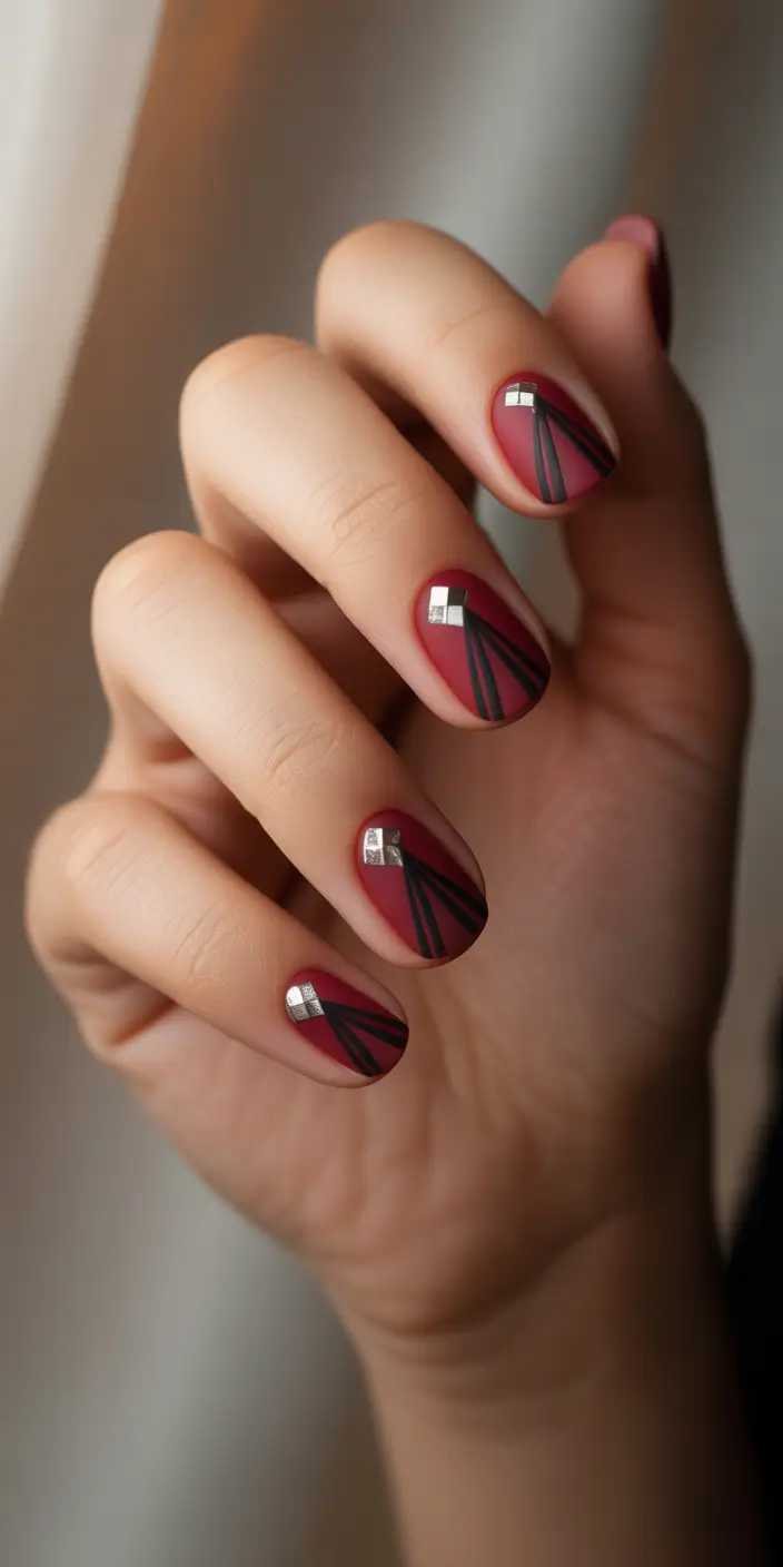christmas nail art ideas 2025 crimson geometry with silver spark