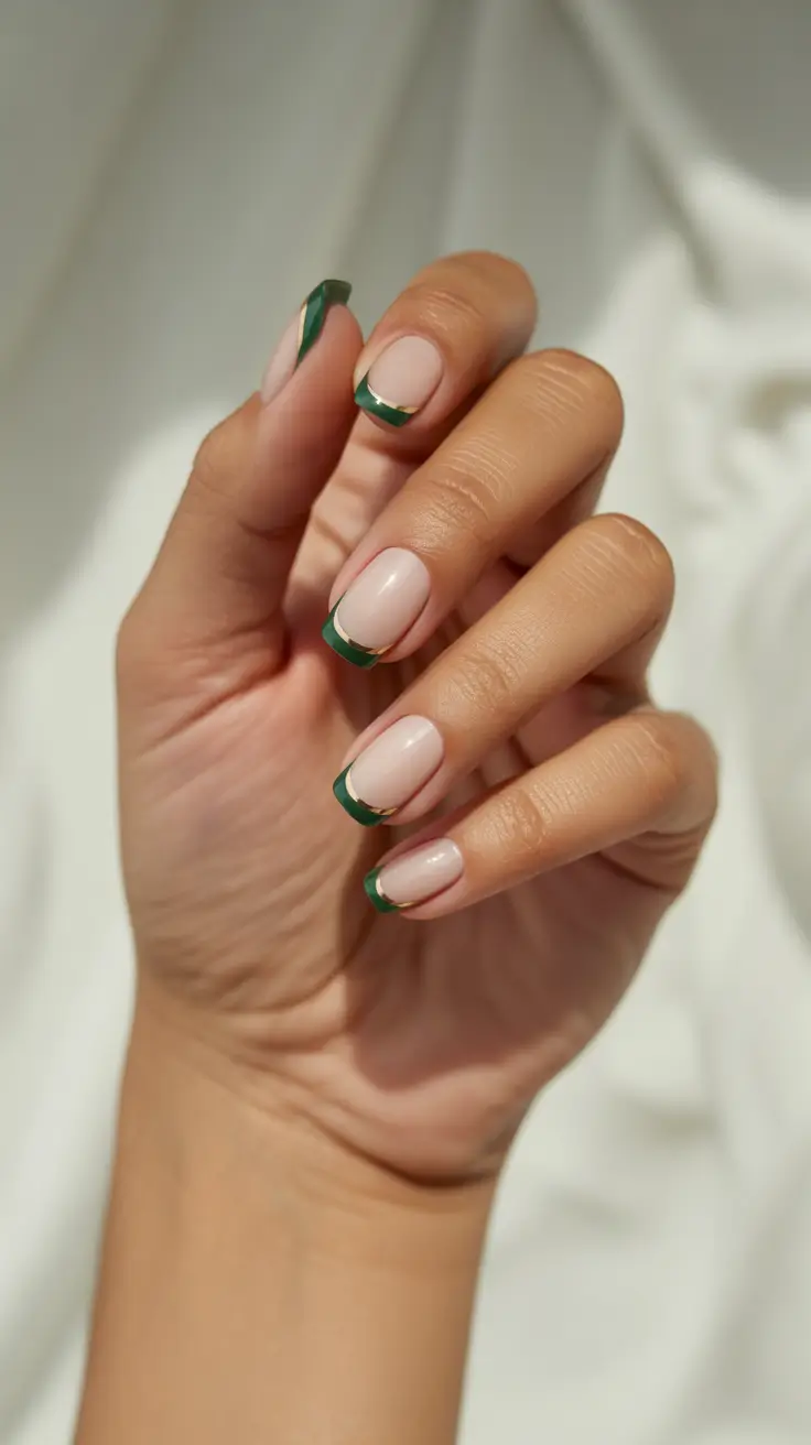 christmas nail color ideas 2025 emerald french with a golden edge