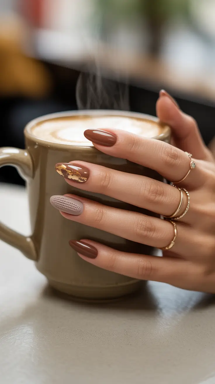 christmas nail color ideas 2025 coffee and caramel glow