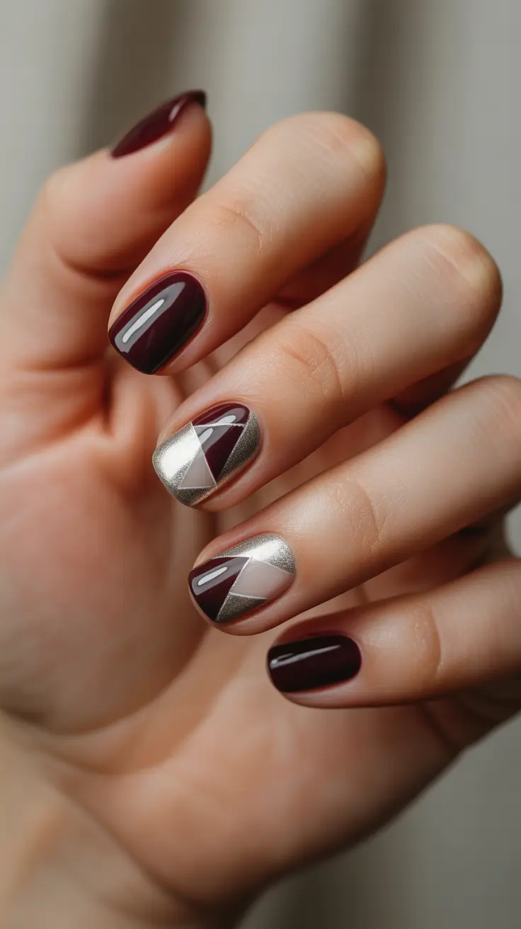 christmas nails 2025 crimson and silver triangles