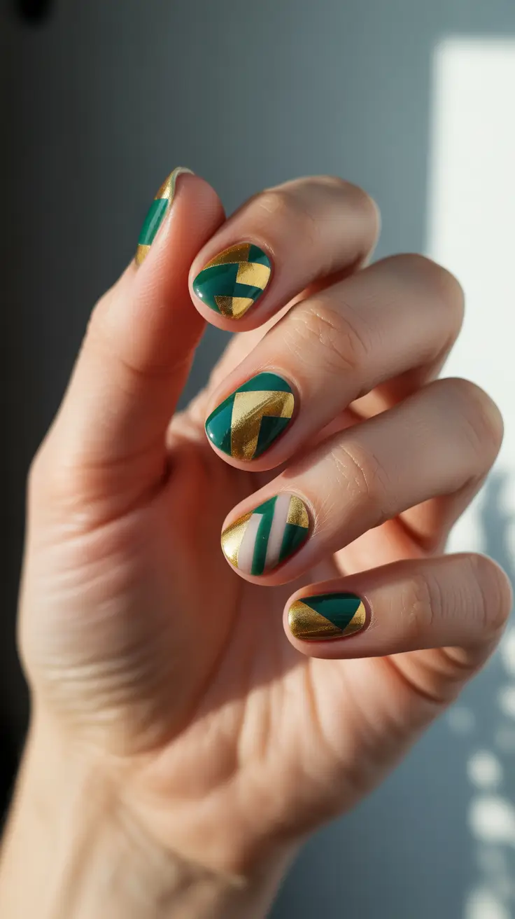 christmas nails 2025 golden ribbon geometry