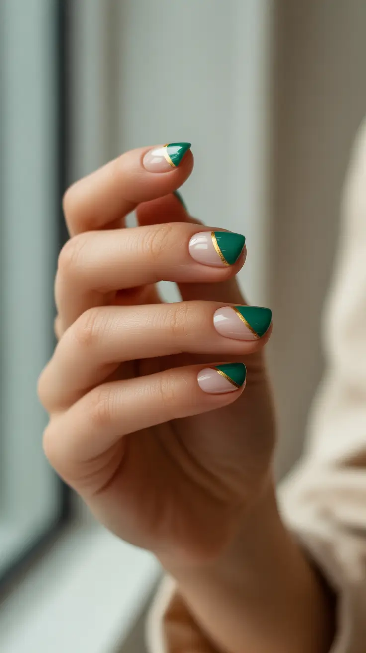 christmas nails 2025 emerald french with golden edges