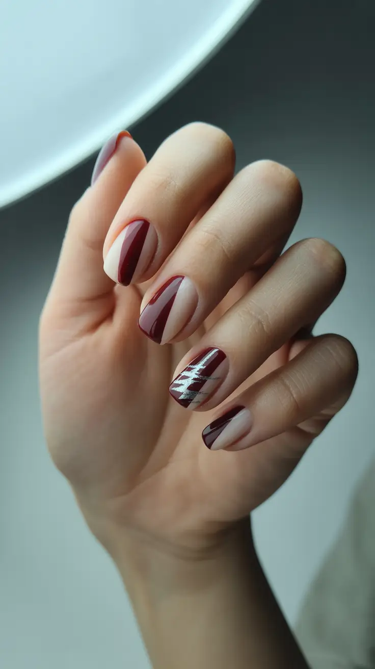 christmas nails 2025 wine red angles with silver accent
