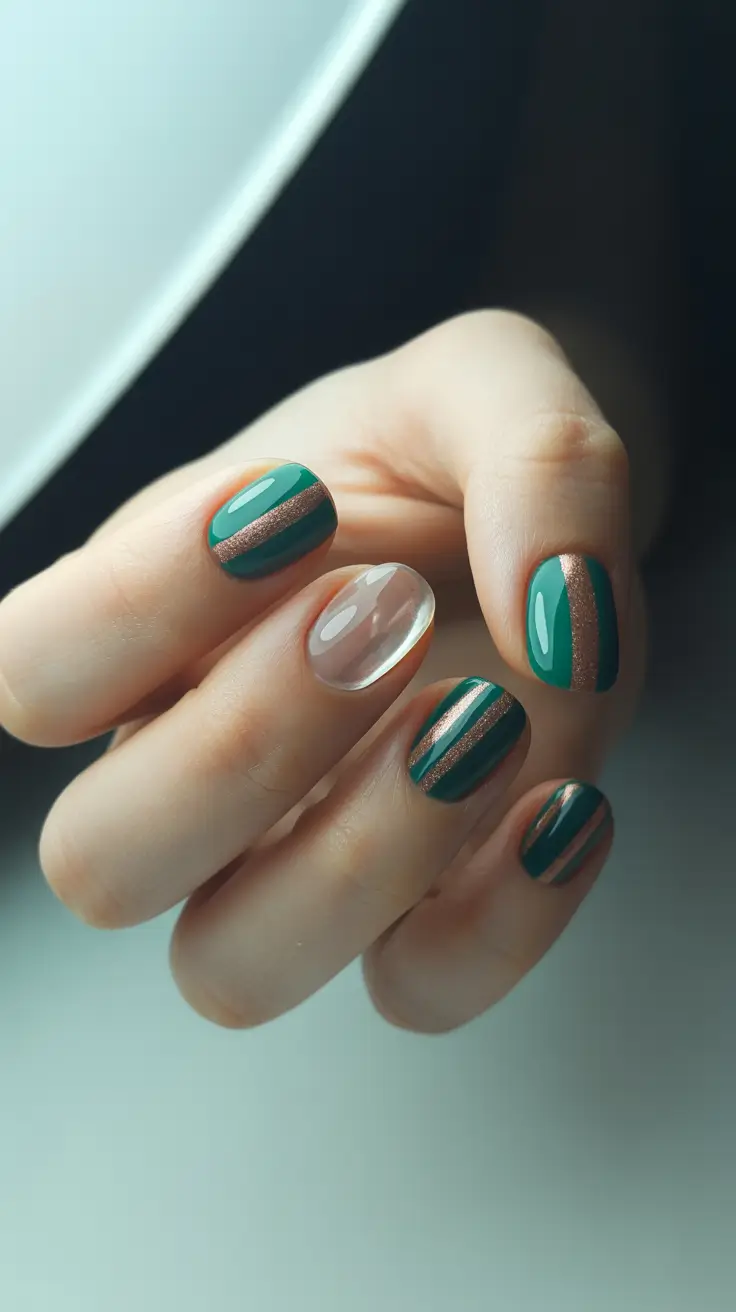 christmas nails 2025 forest copper stripes