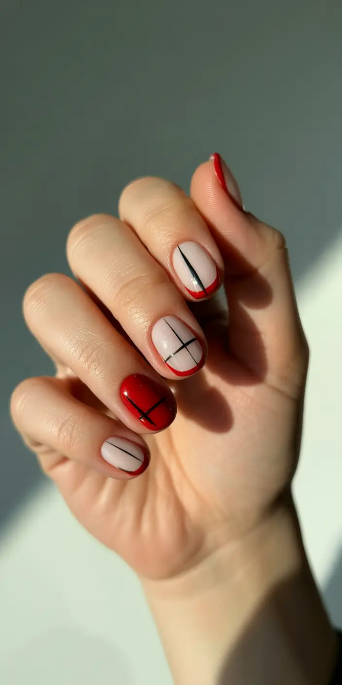 christmas nails acrylic almond short red graphic lines