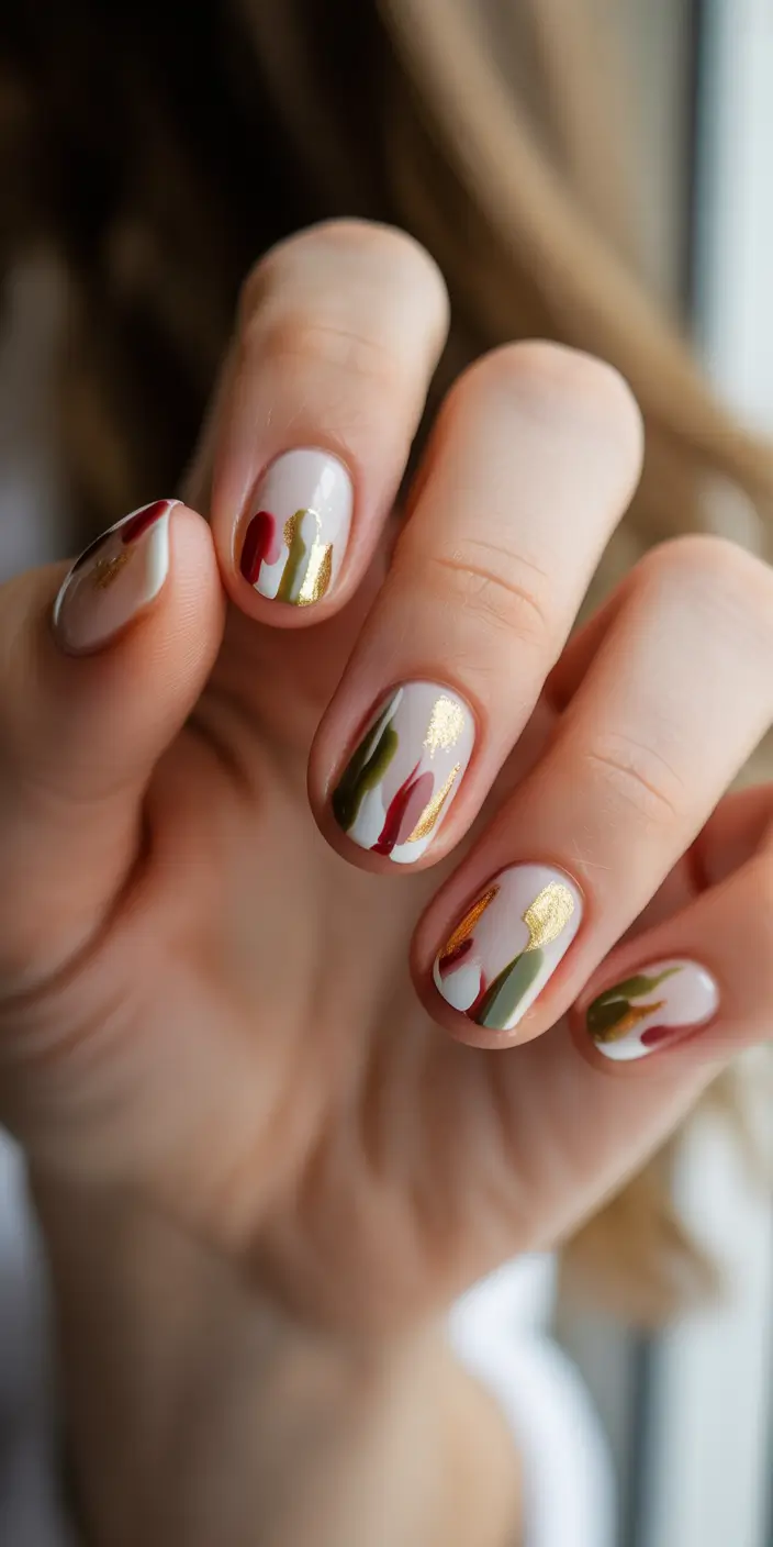christmas nails acrylic short metallic brushstrokes