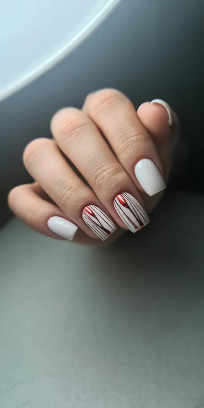 christmas nails acrylic white elegance with red streaks