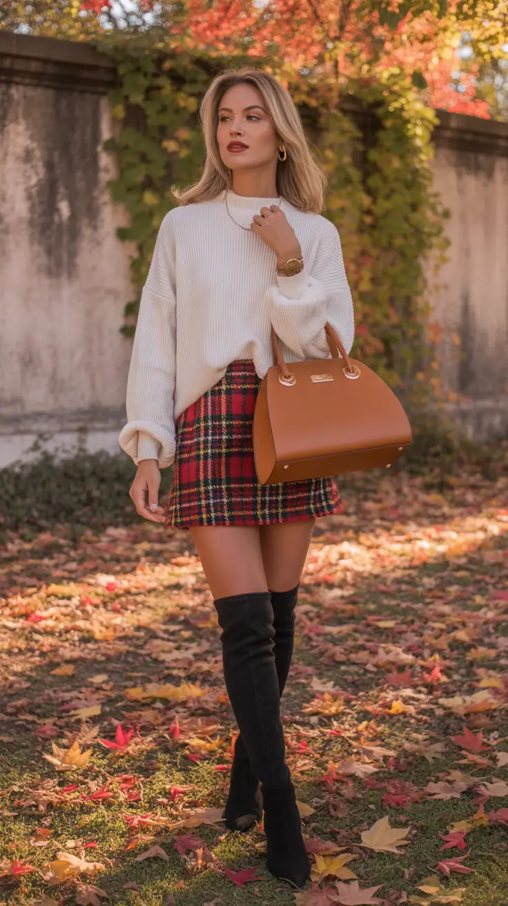 christmas outfit ideas 2025 Cozy Plaid and Cream Sweater Charm