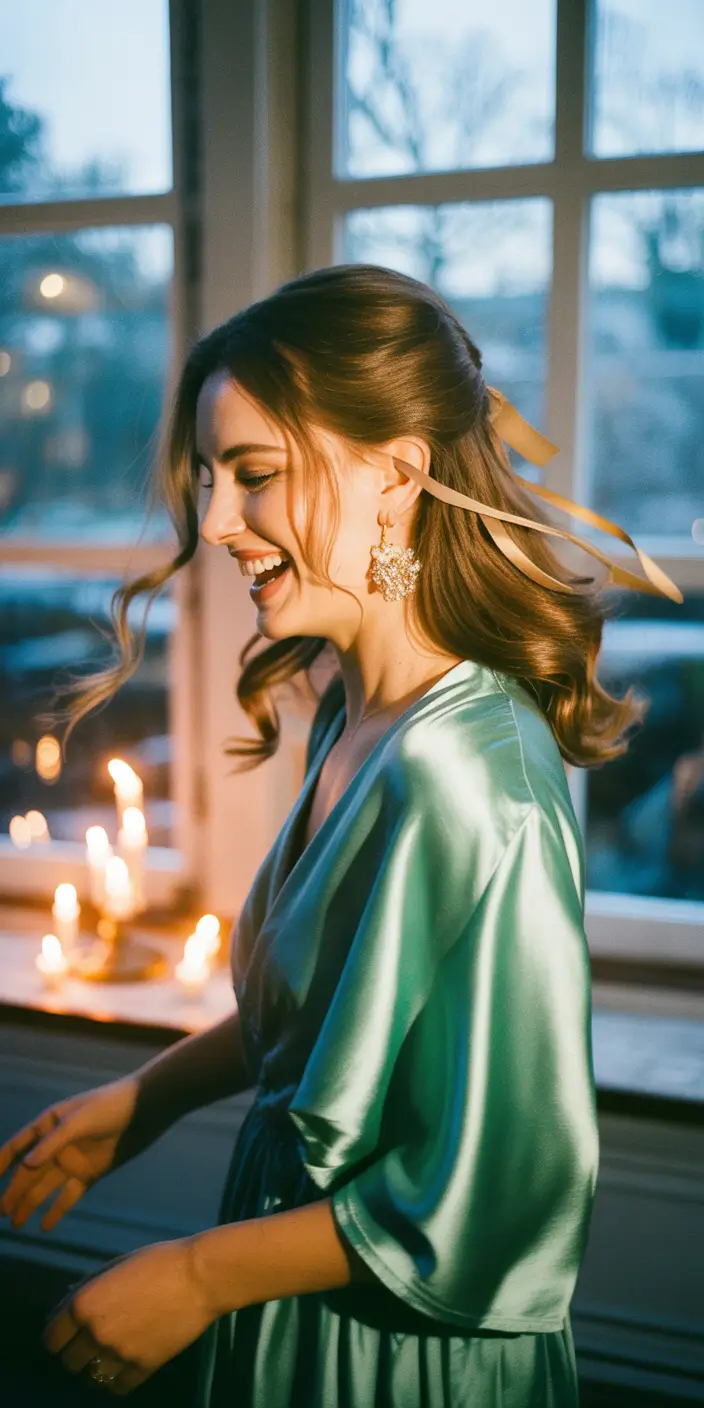 christmas party hairstyles silken ribbon half up