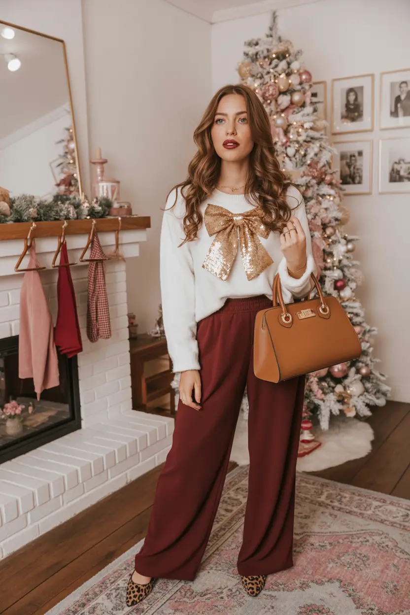 christmas party outfits ideas 2025 Golden Bow and Cozy Glam