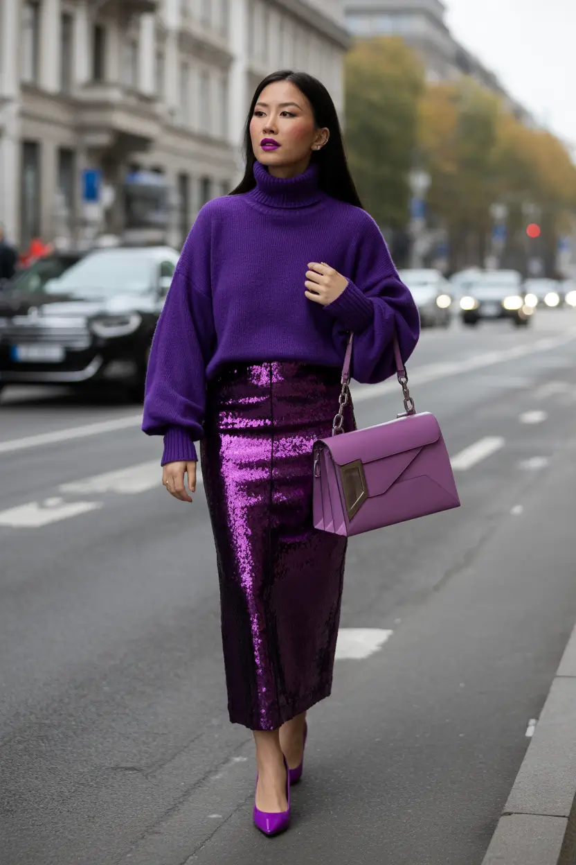 christmas party outfits ideas 2025 Violet Sparkle and Street Sophistication