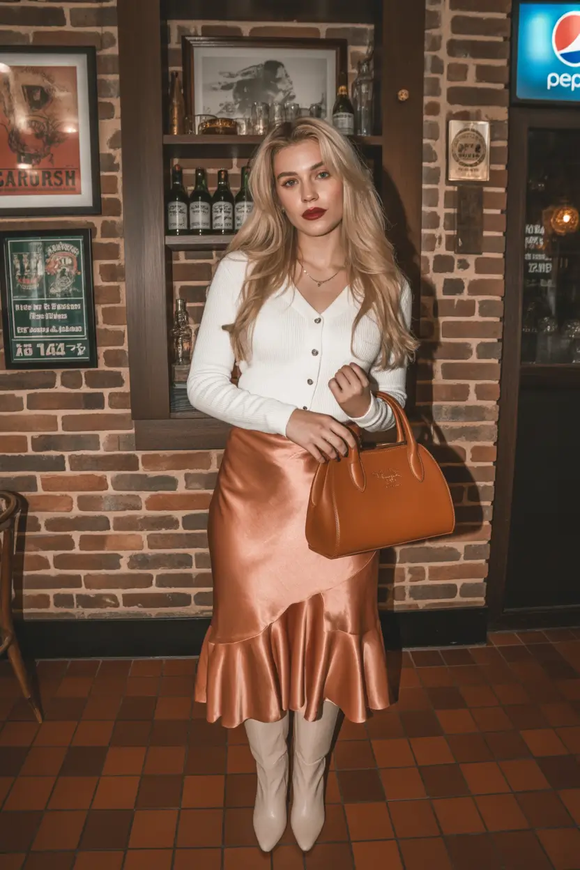 christmas party outfits ideas 2025 Satin Copper and Cozy Confidence