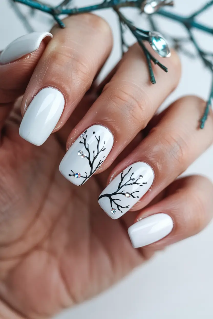 classy winter nails elegant winter white with delicate branch accents