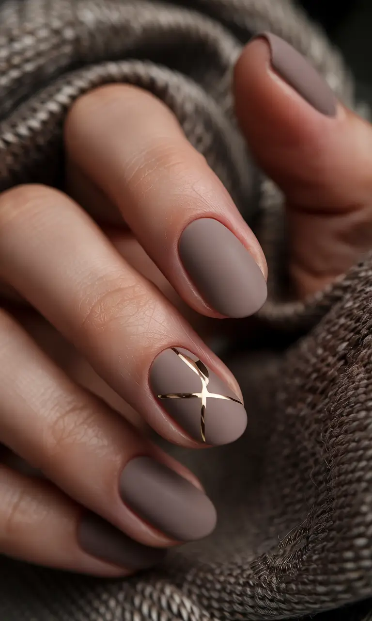 classy winter nails matte mocha minimalism with a golden cross