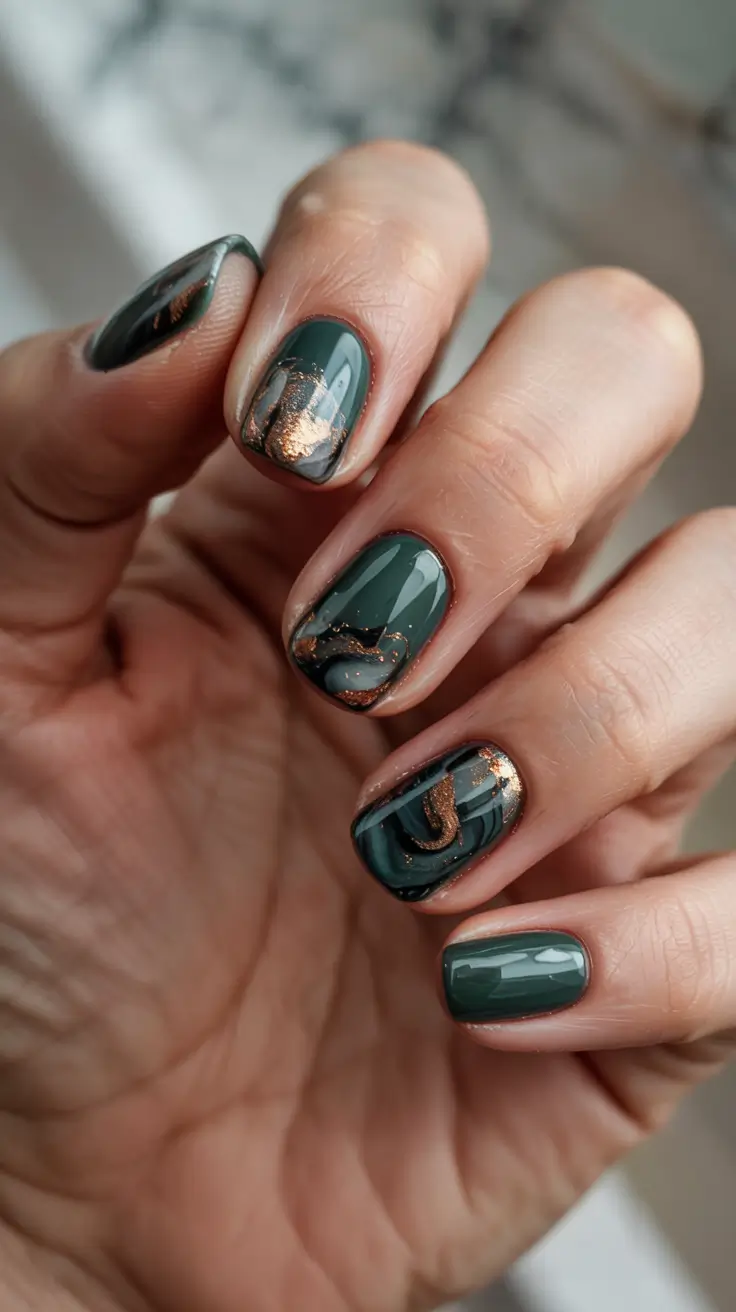 classy winter nails deep green with copper swirls