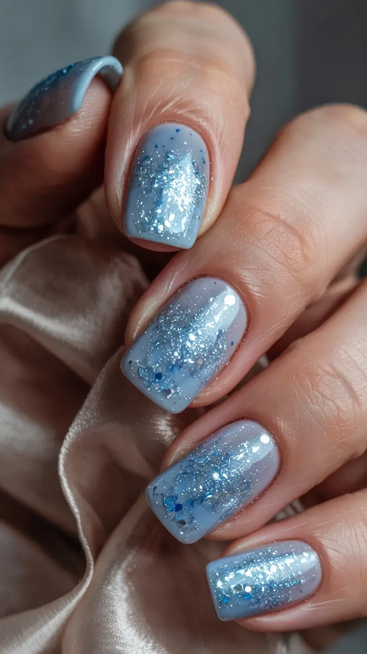 classy winter nails frozen blue glitter gradient