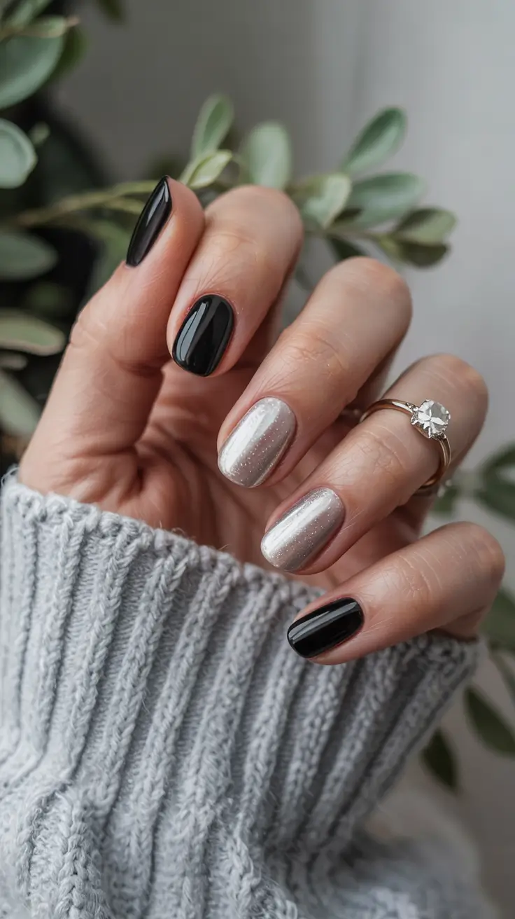 classy winter nails black and chrome contrast