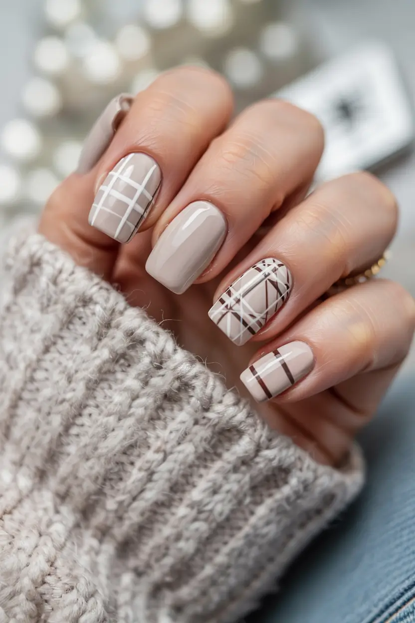 classy winter nails modern plaid neutrals for cozy winter days