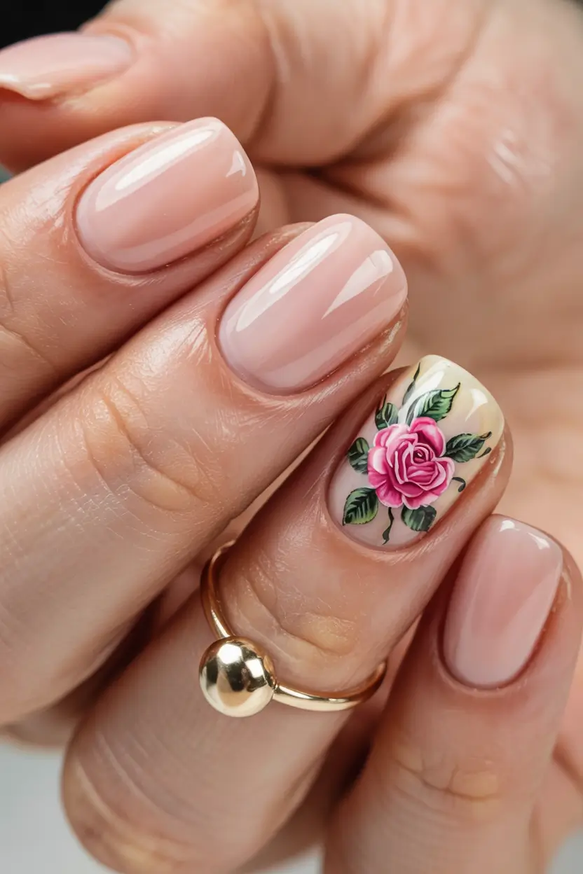 classy winter nails soft pink base with a single floral accent
