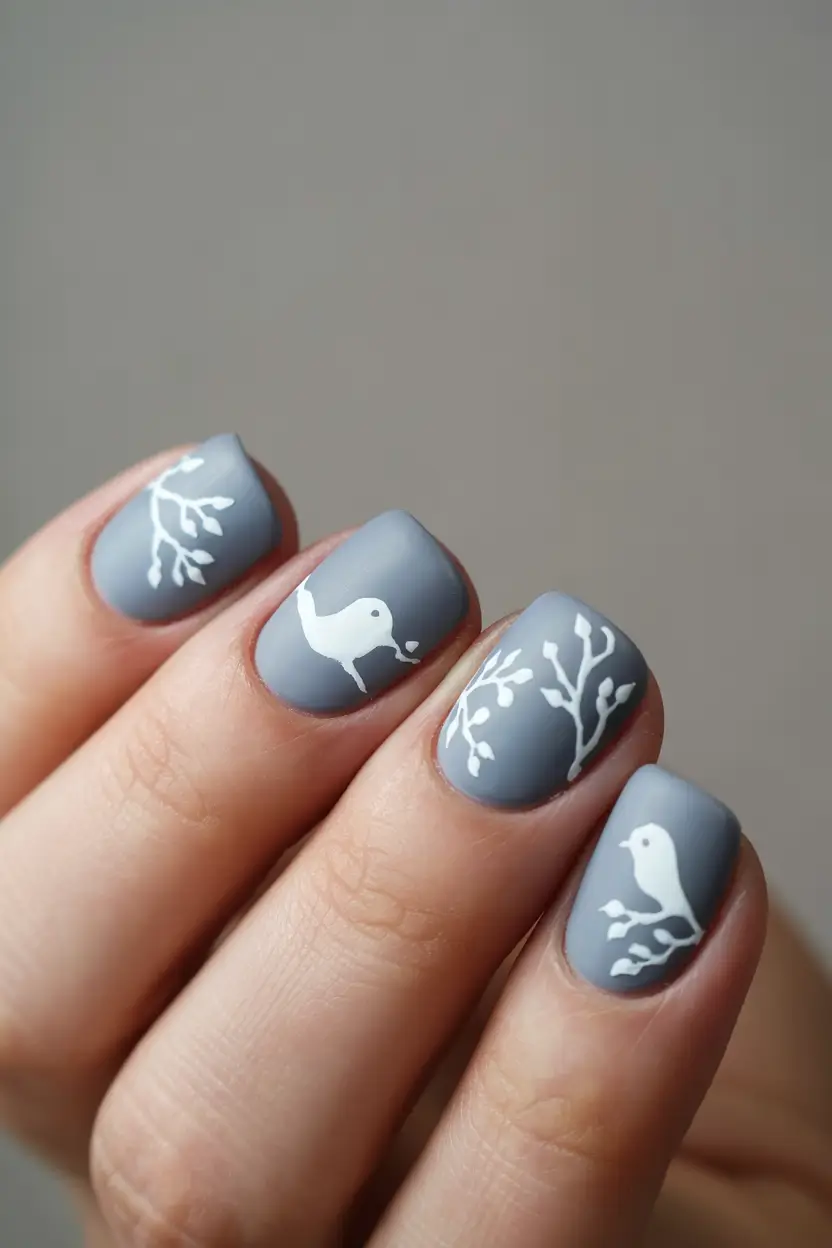 classy winter nails frosty grey matte with whimsical white birds