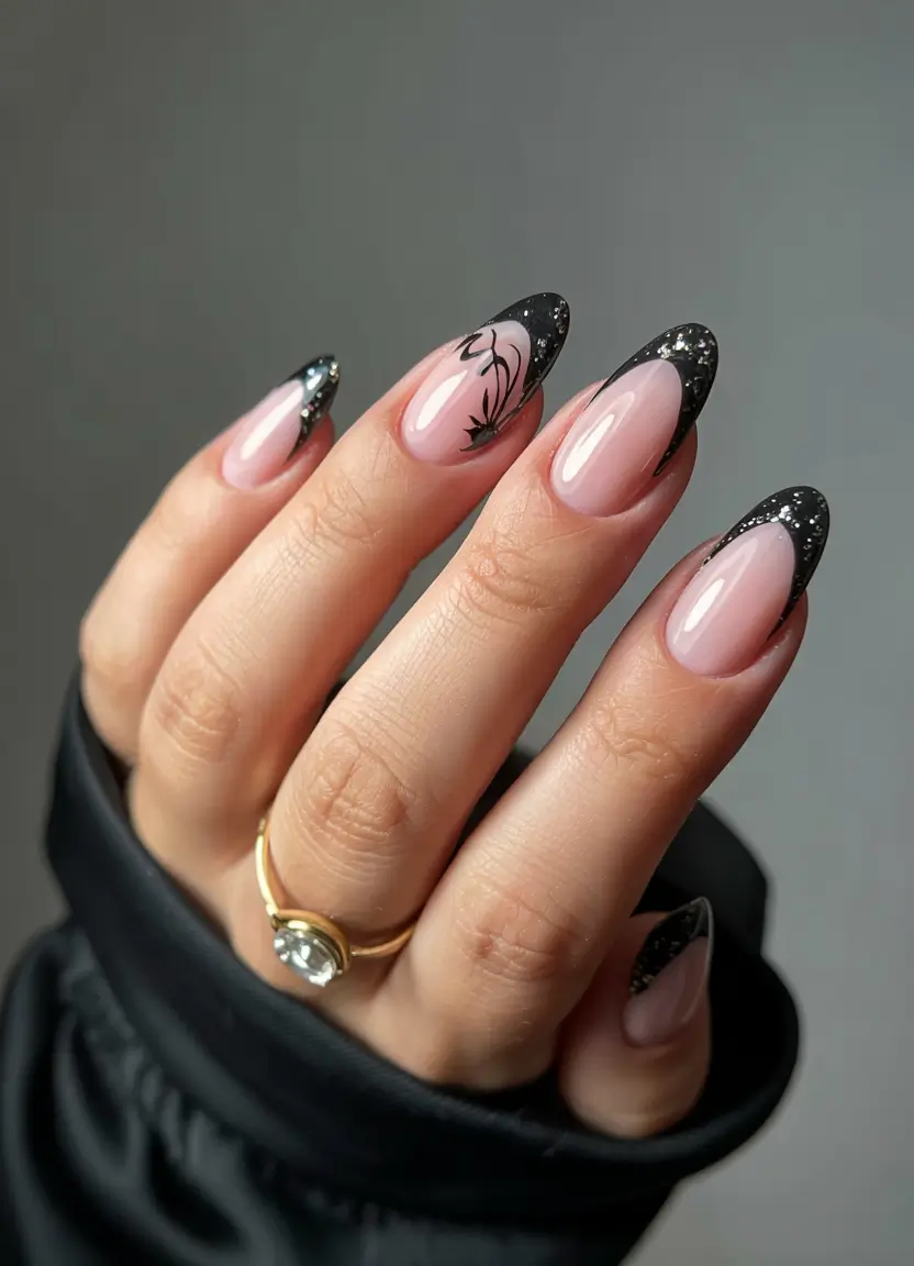 classy winter nails midnight glitter french with artistic accents