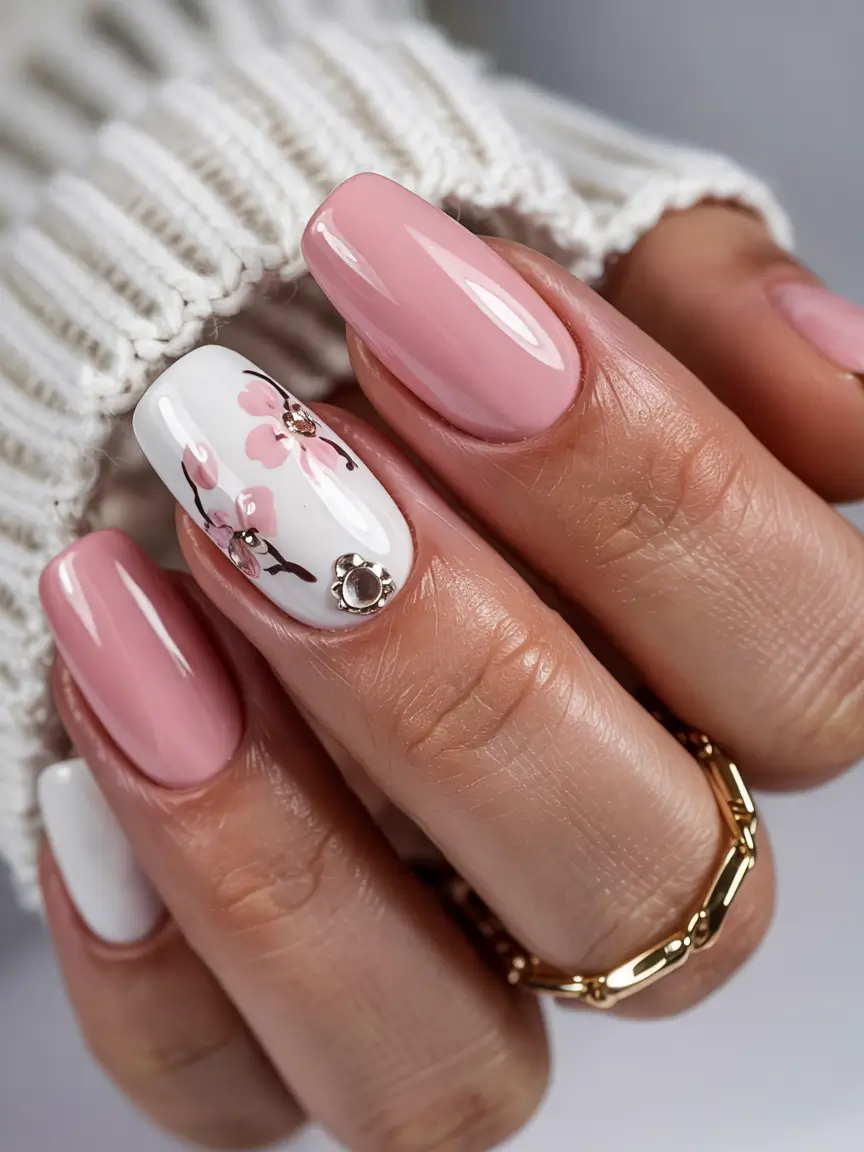 classy winter nails soft pink florals with a touch of glam