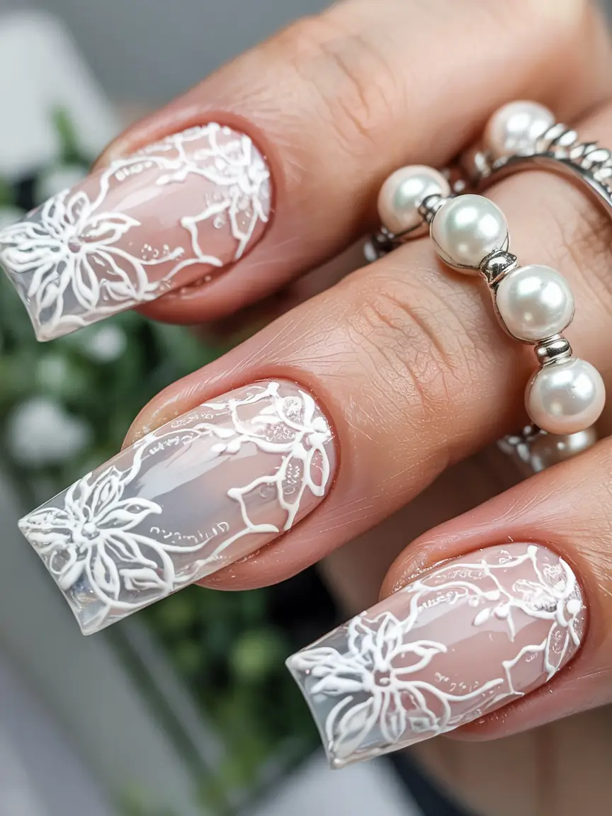 classy winter nails intricate lace inspired white detailing