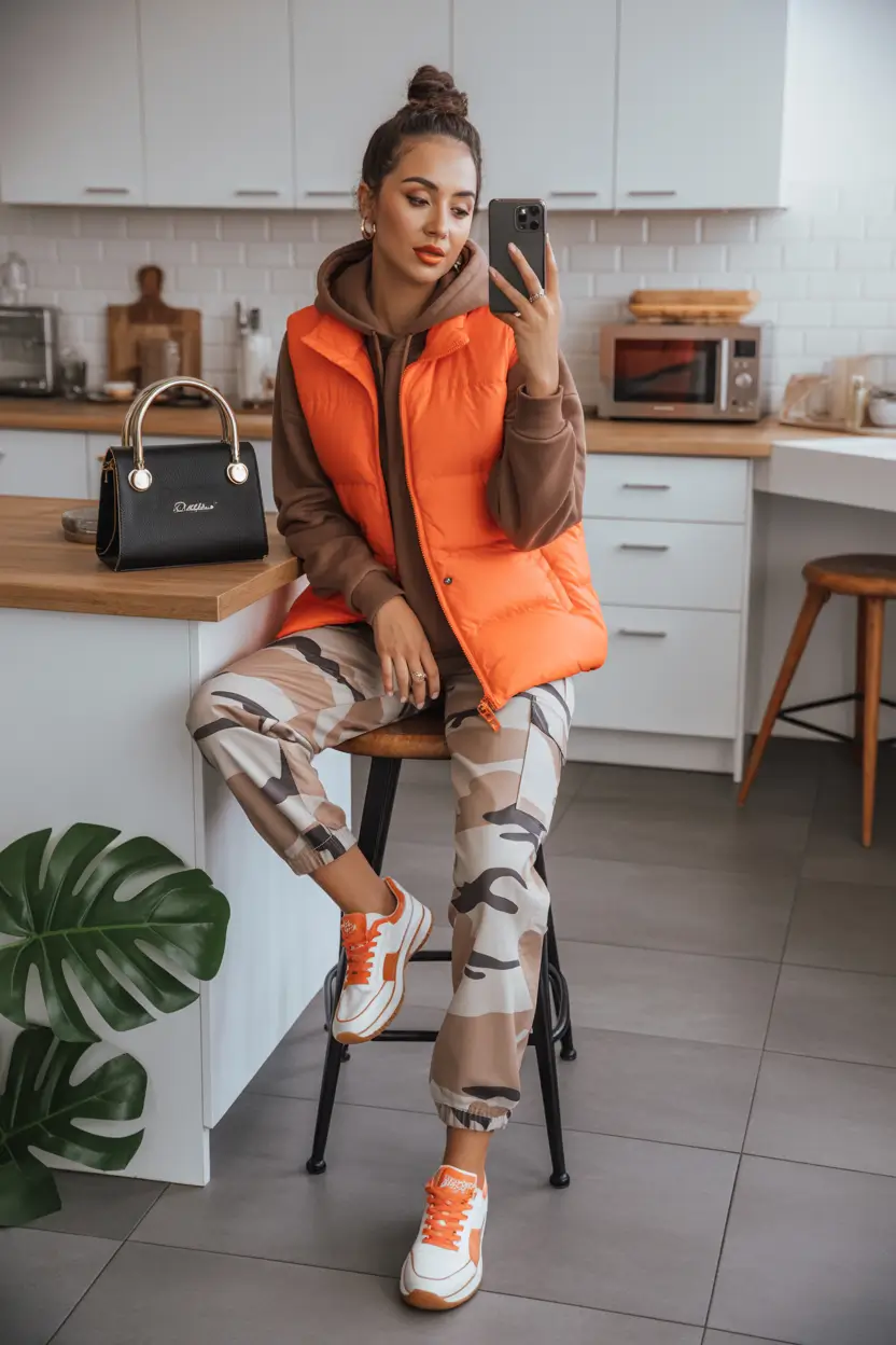 cold weather outfits 2026 Playful Energy in Orange and Camo