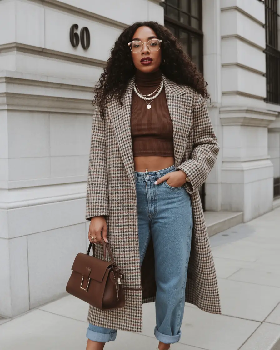 cold weather outfits 2026 Retro Plaid and Warm Espresso Layers