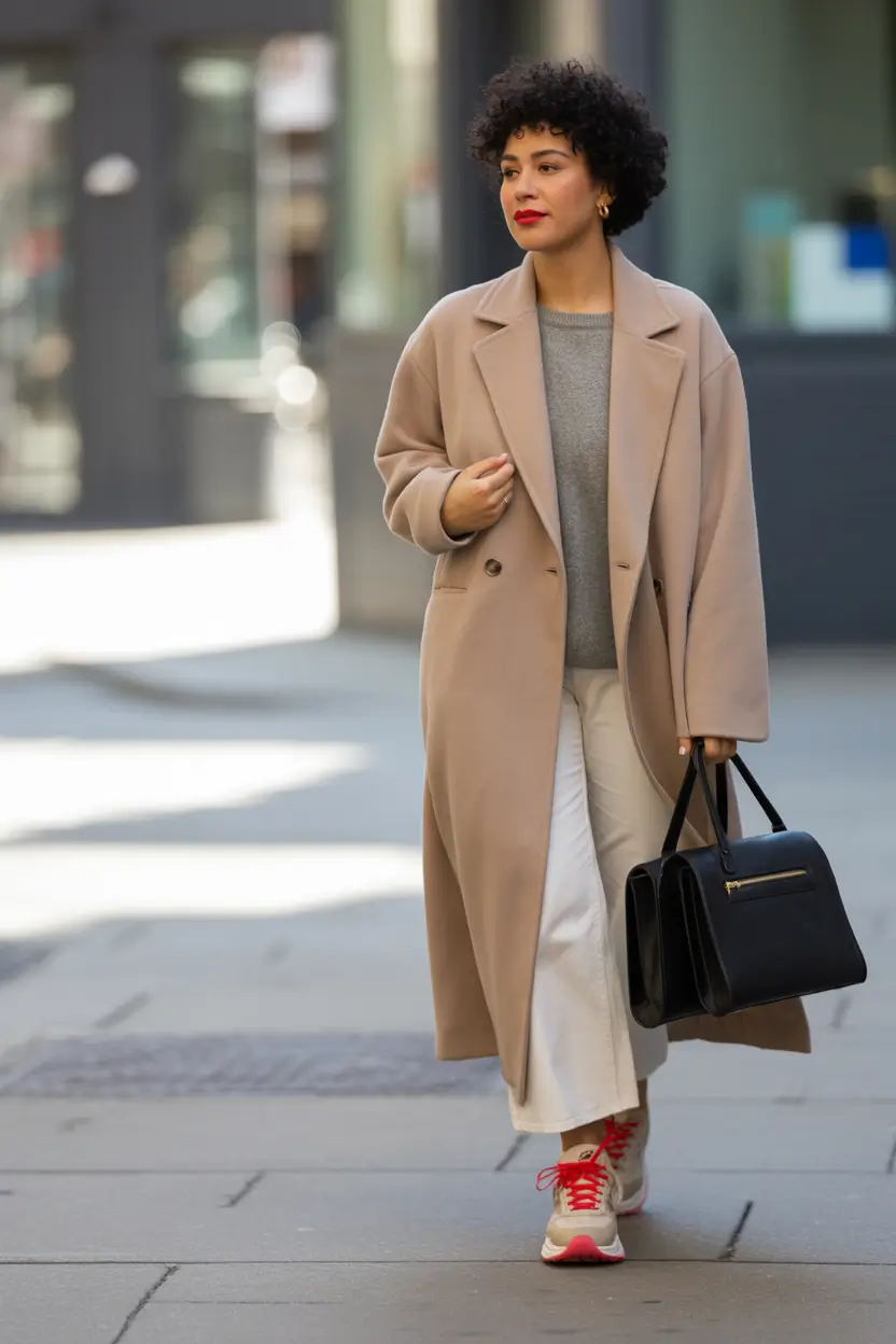 cold weather outfits 2026 Soft City Neutrals Beige Coats and Bright Sneakers
