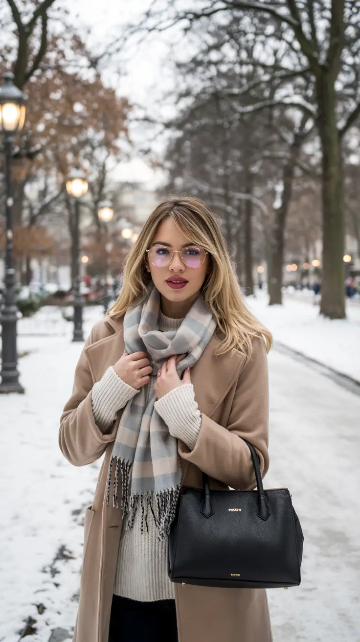 cozy winter outfits Chic Simplicity With a Checked Scarf