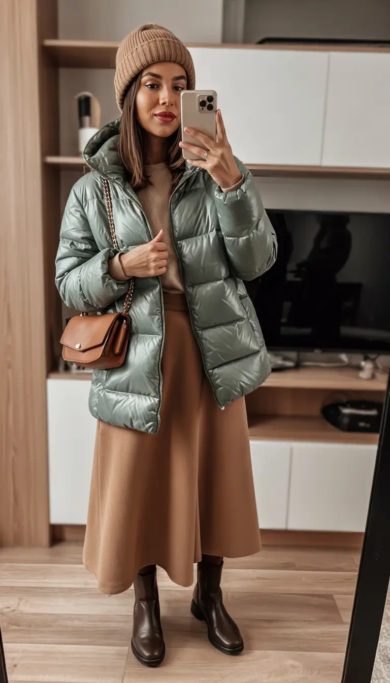 cozy winter outfits Pastel Puffers and Camel Tones