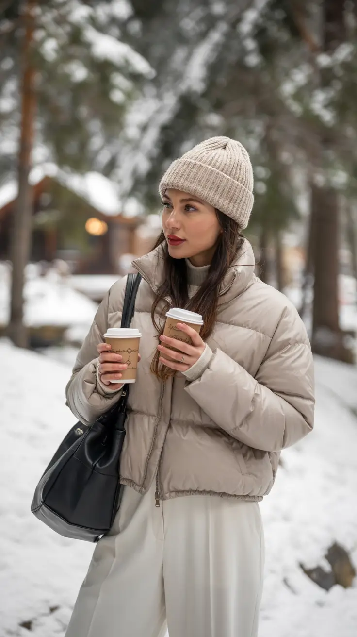 cozy winter outfits Puffer Elegance in Cream Tones