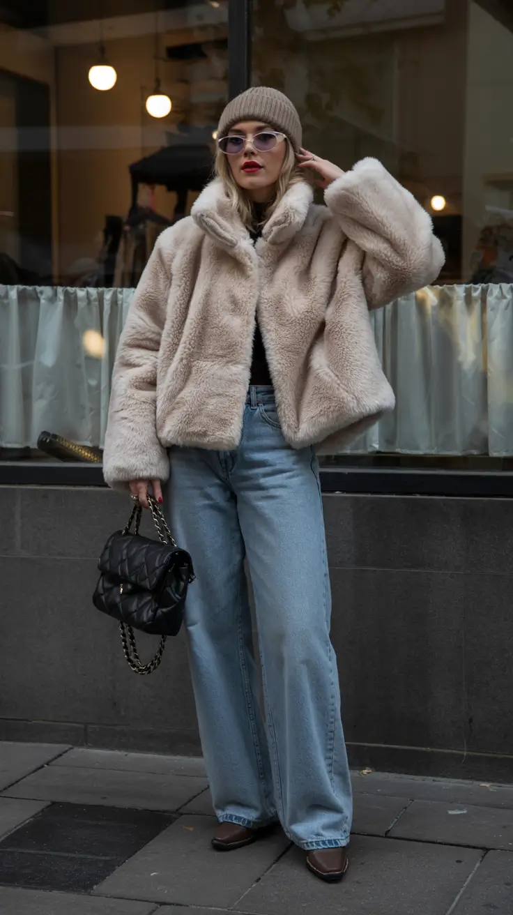 cozy winter outfits Plush Volume and Wide-Leg Denim