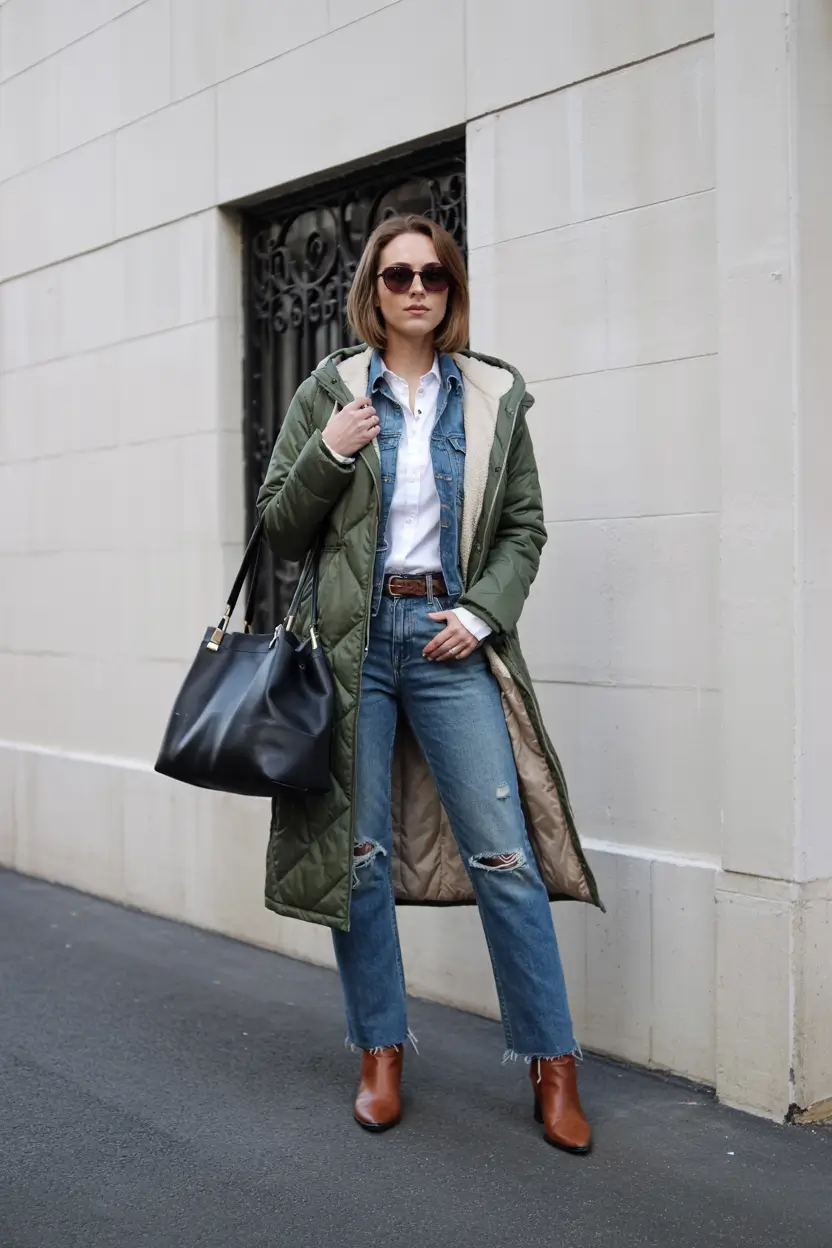 cozy winter outfits Layered Denim and Military Green