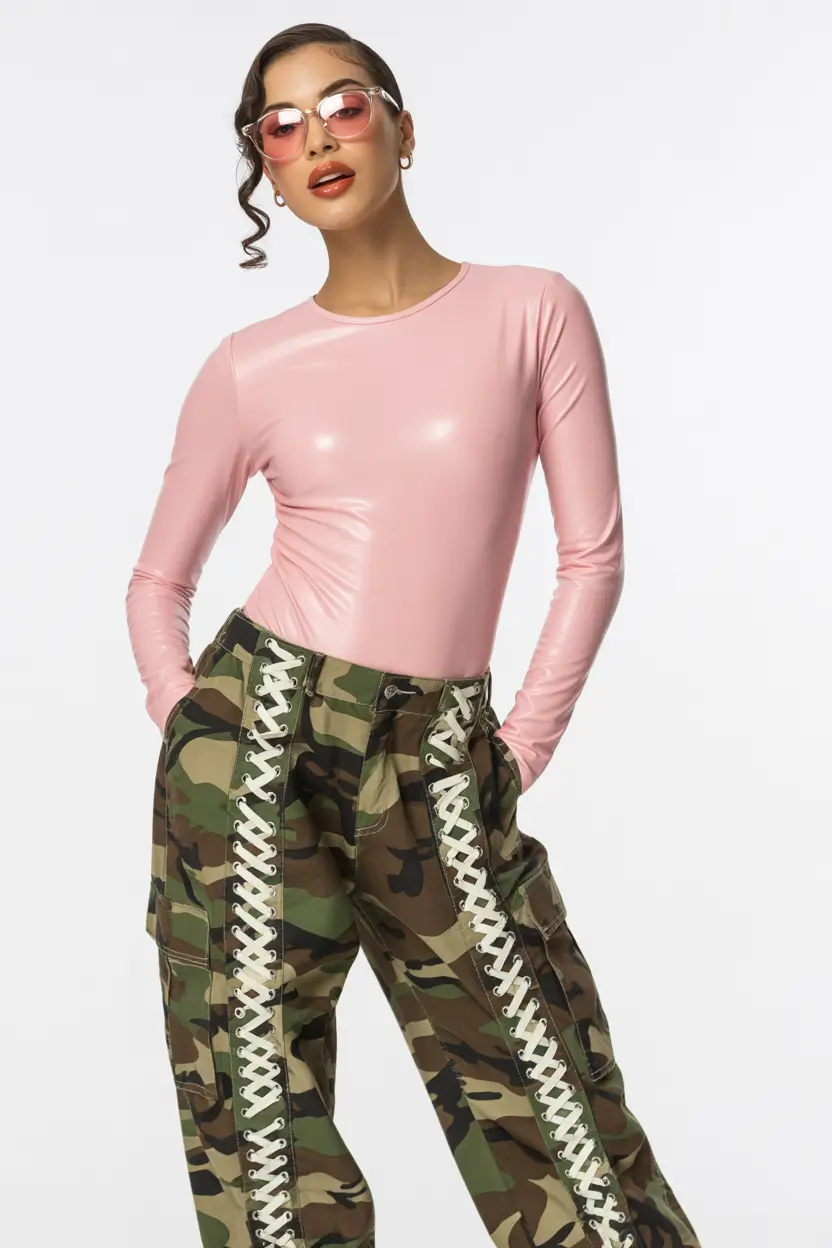 cute outfits 2026 Pink Latex & Camo Clash