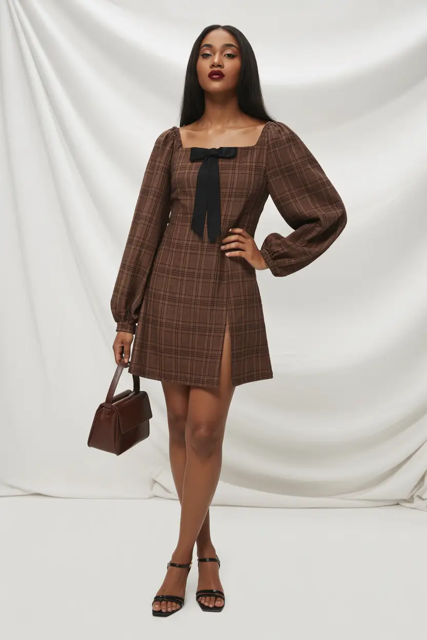 cute outfits 2026 Charming Check Dress with a Feminine Bow