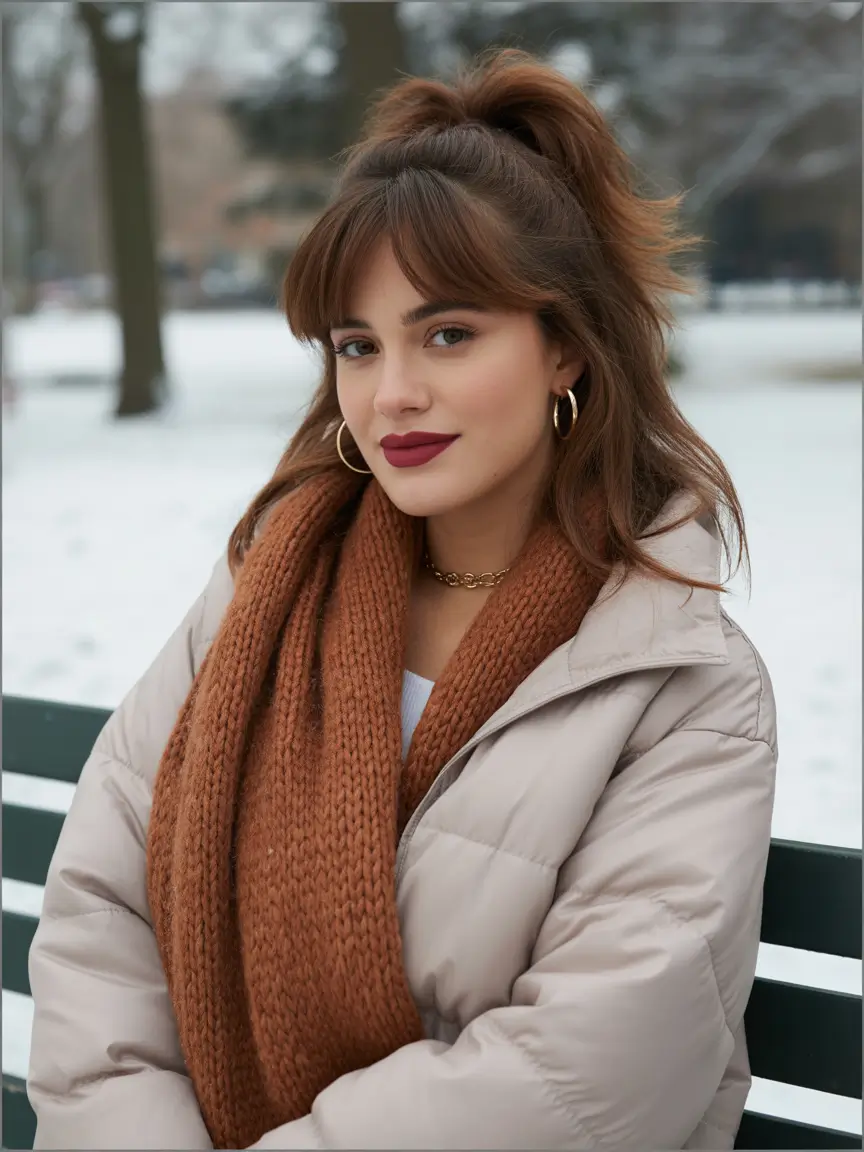 cute winter hairstyles playful half up pony with bangs