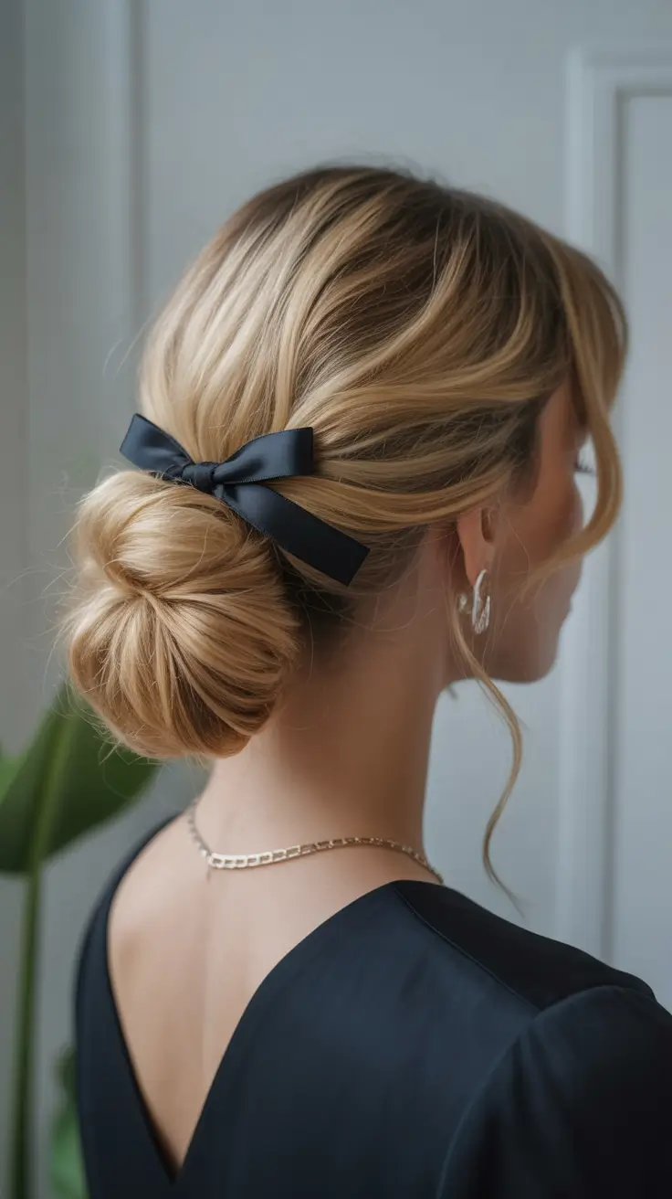 cute winter hairstyles chic low bun with ribbon accent