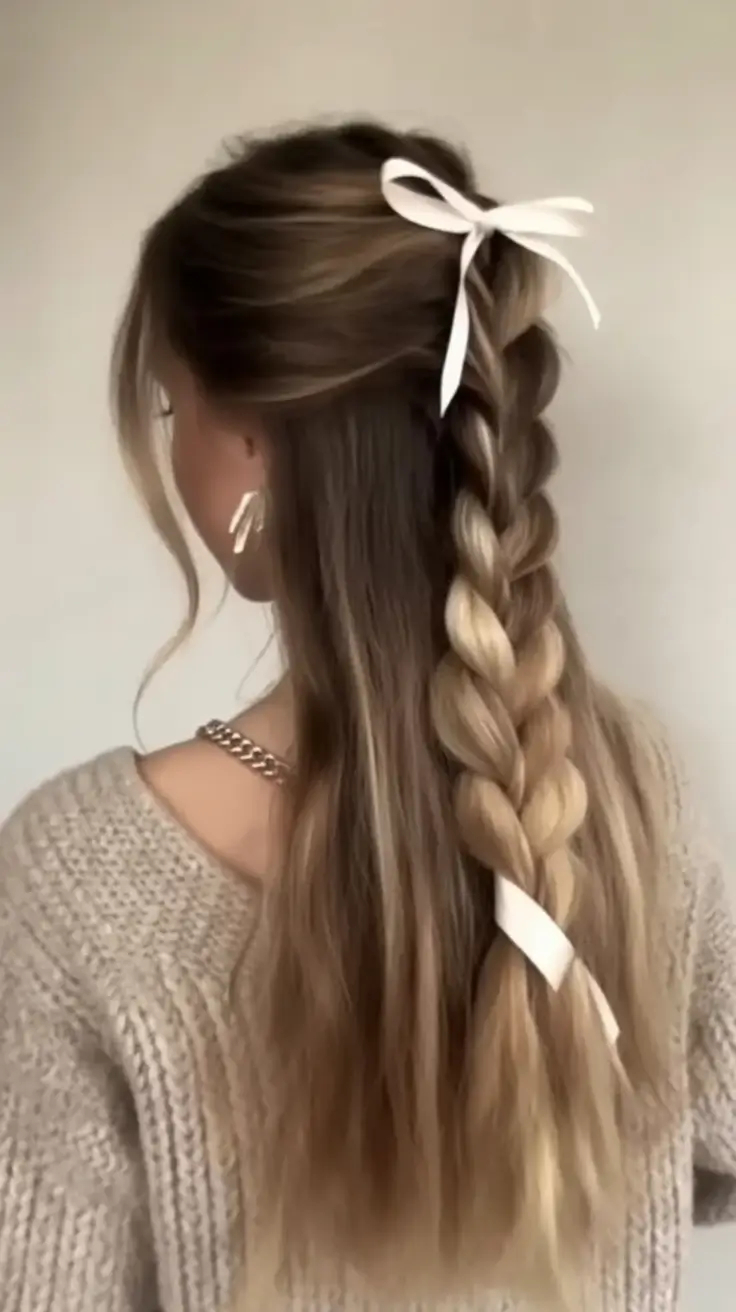 cute winter hairstyles half up braided ribbon style