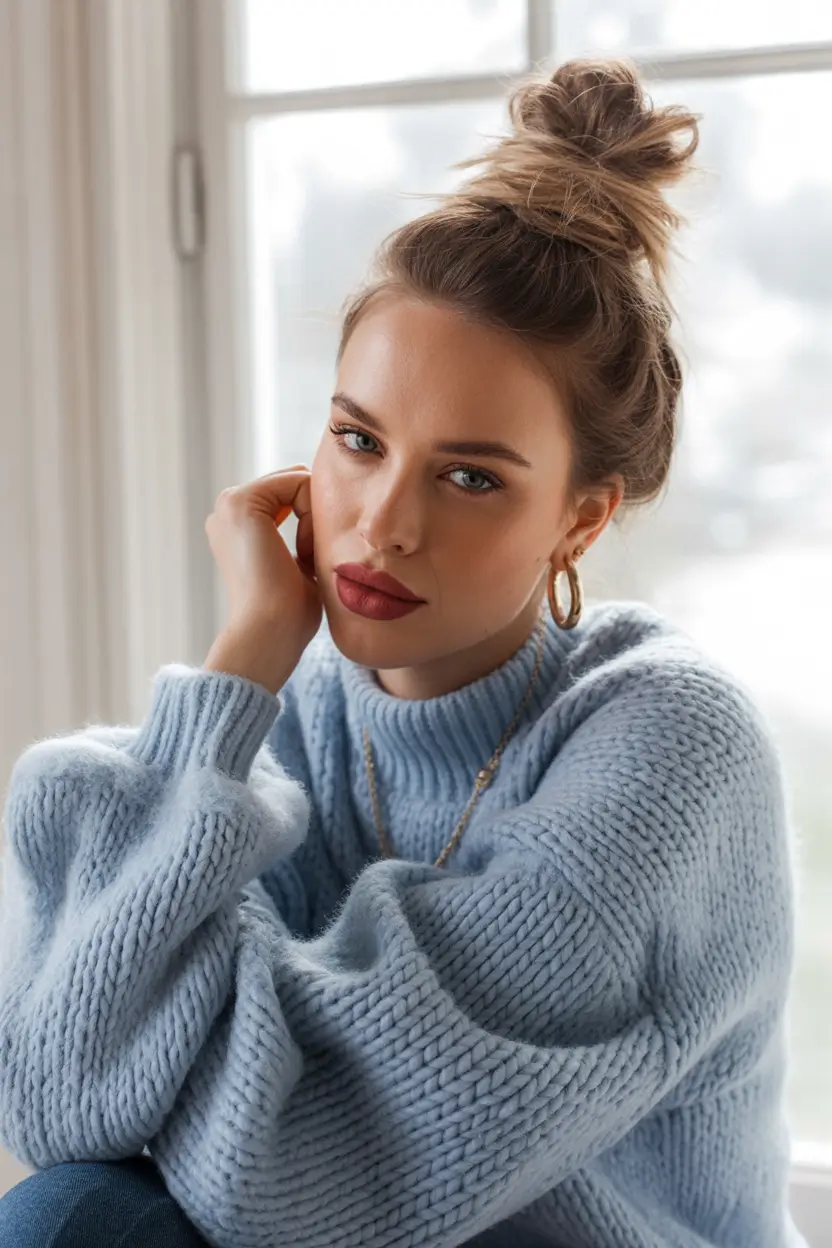 cute winter hairstyles soft top knot with winter layers