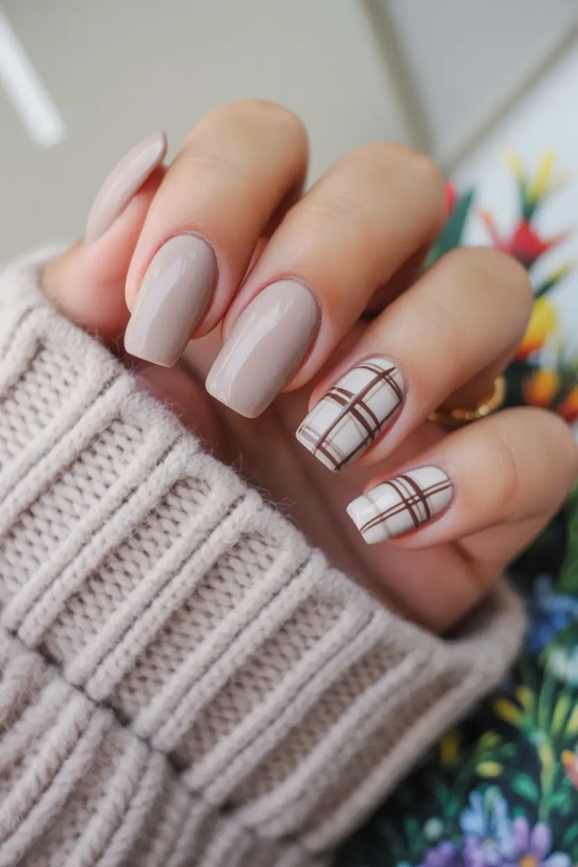cute winter nails 2025-2026 cozy plaid neutrals