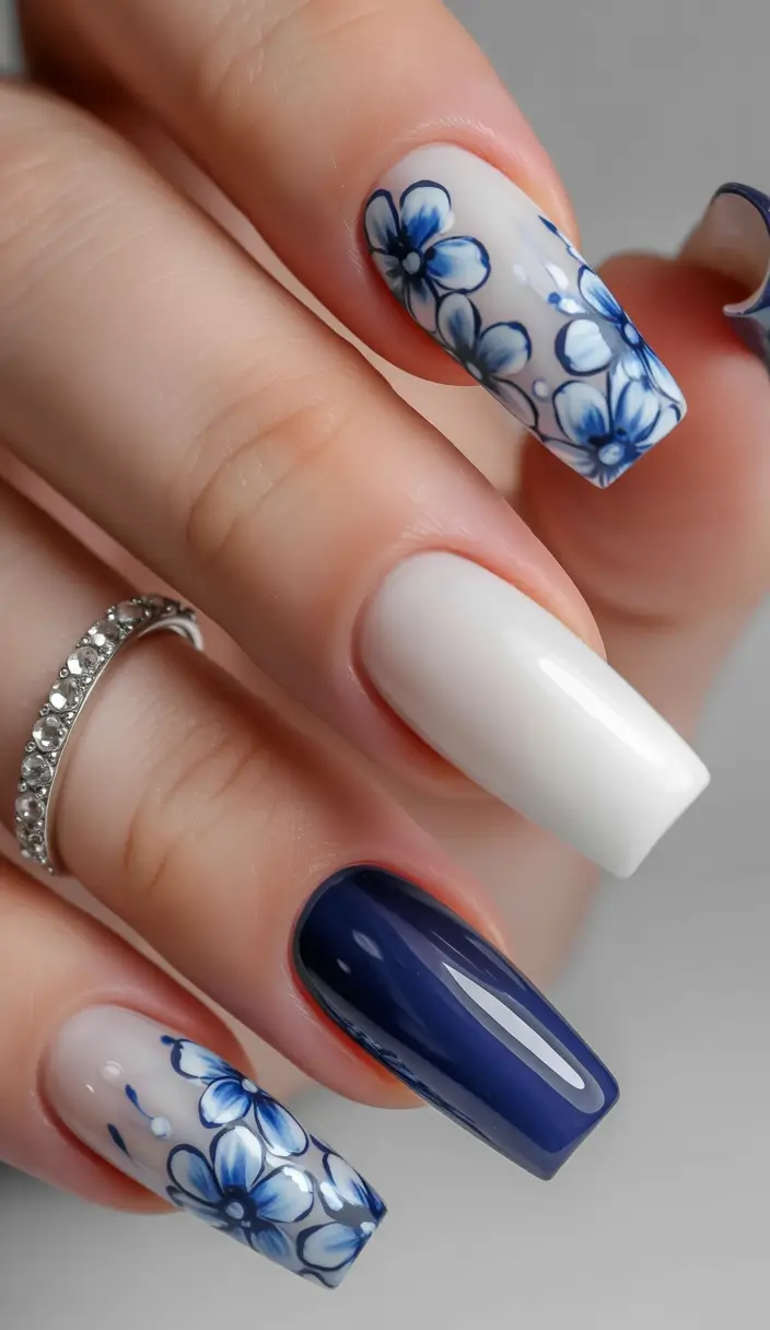 cute winter nails 2025-2026 blue porcelain blooms