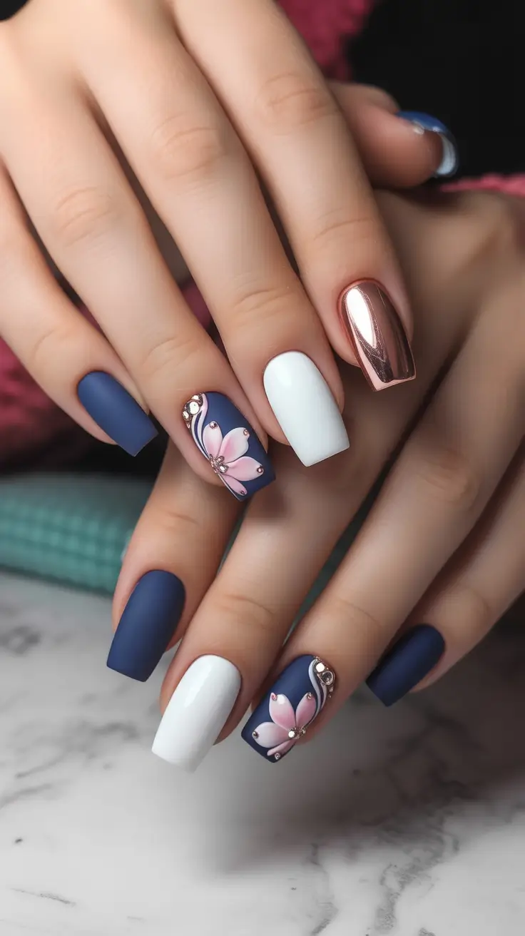 cute winter nails 2025-2026 matte navy blossom