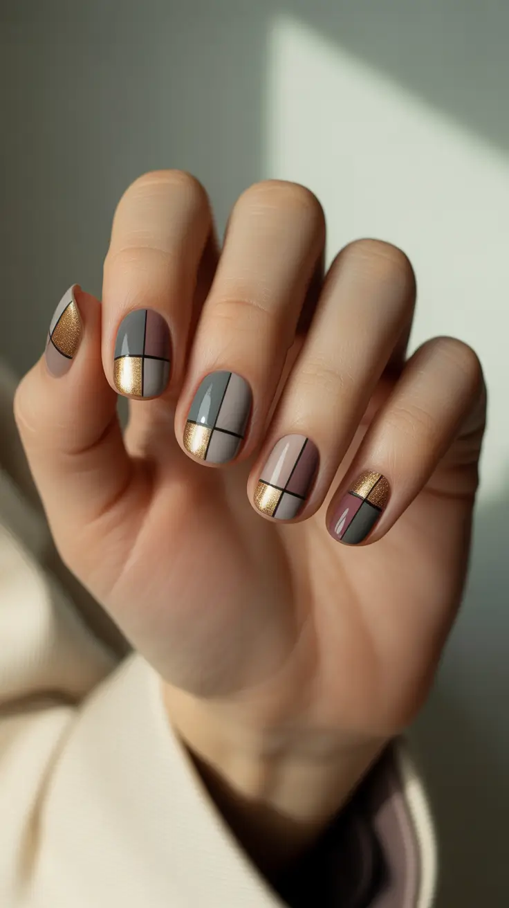 easy christmas nails 2025 muted metallic patchwork