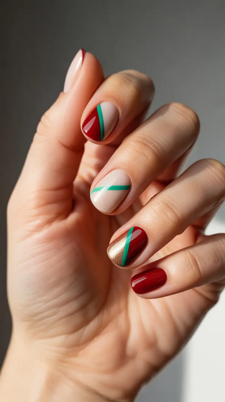 easy christmas nails 2025 crimson and green holiday geometry