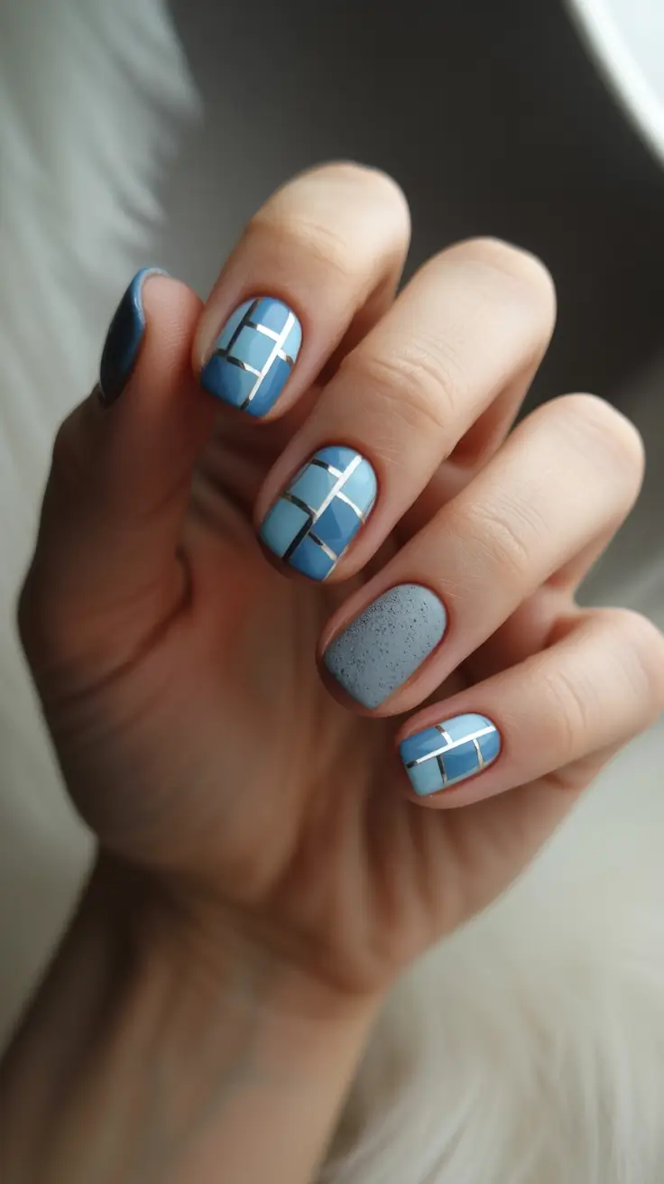 easy christmas nails 2025 blue gift wrap illusion