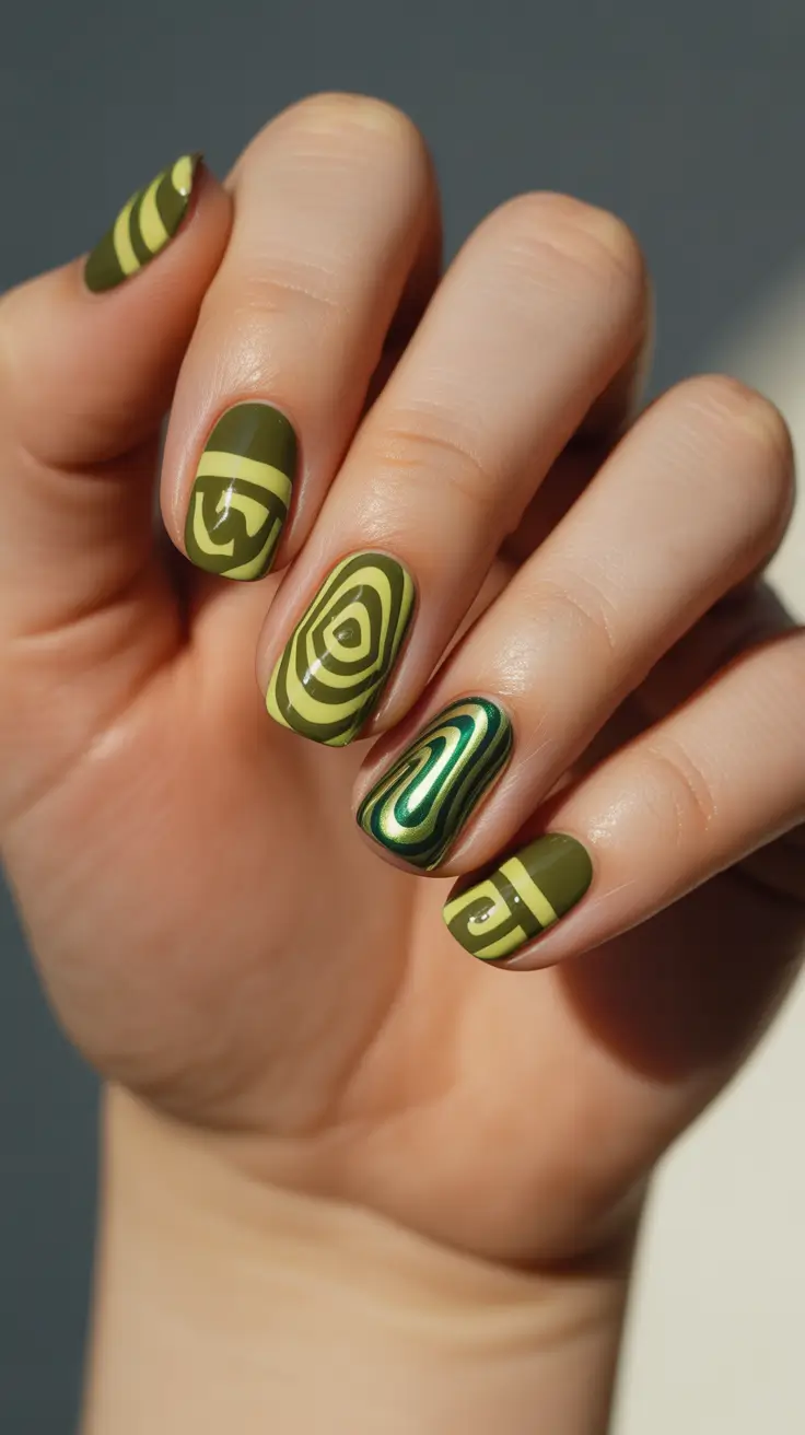 green winter nails 2025 Metallic Olive Waves