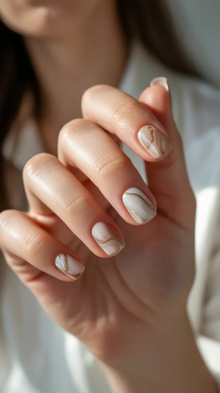 neutral winter nails Golden Marble Elegance